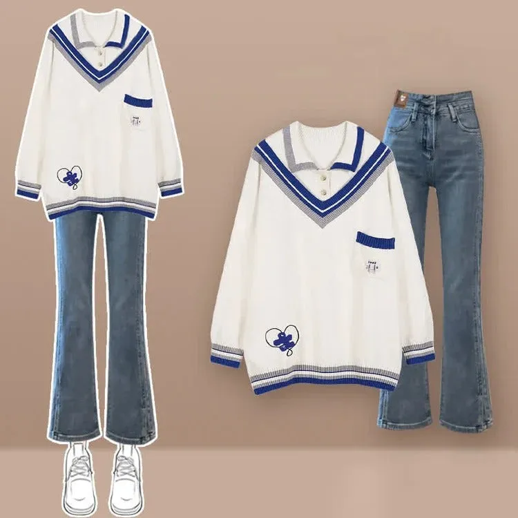 Preppy Retro Colorblock Polo Knit Sweater Denim Pants Two Piece Set