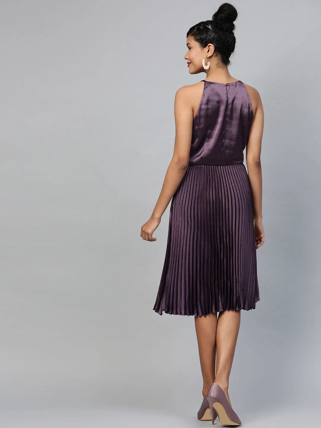 Purple Halter Neck Pleated Satin Dress