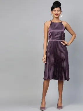 Purple Halter Neck Pleated Satin Dress