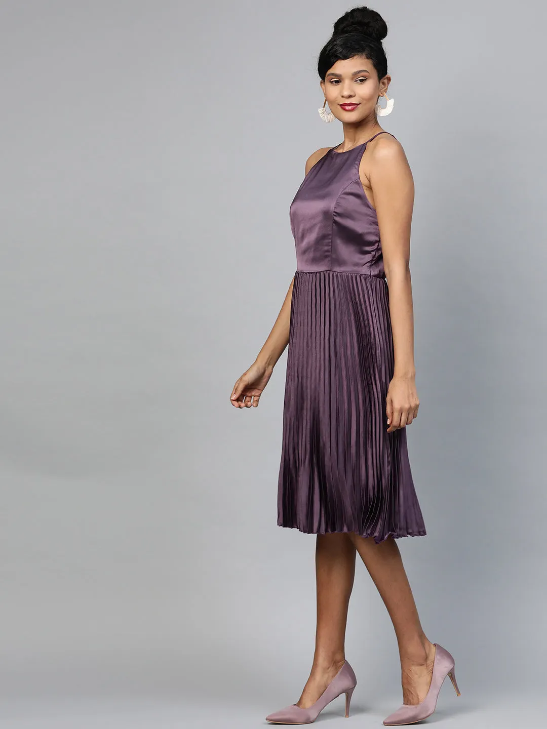 Purple Halter Neck Pleated Satin Dress