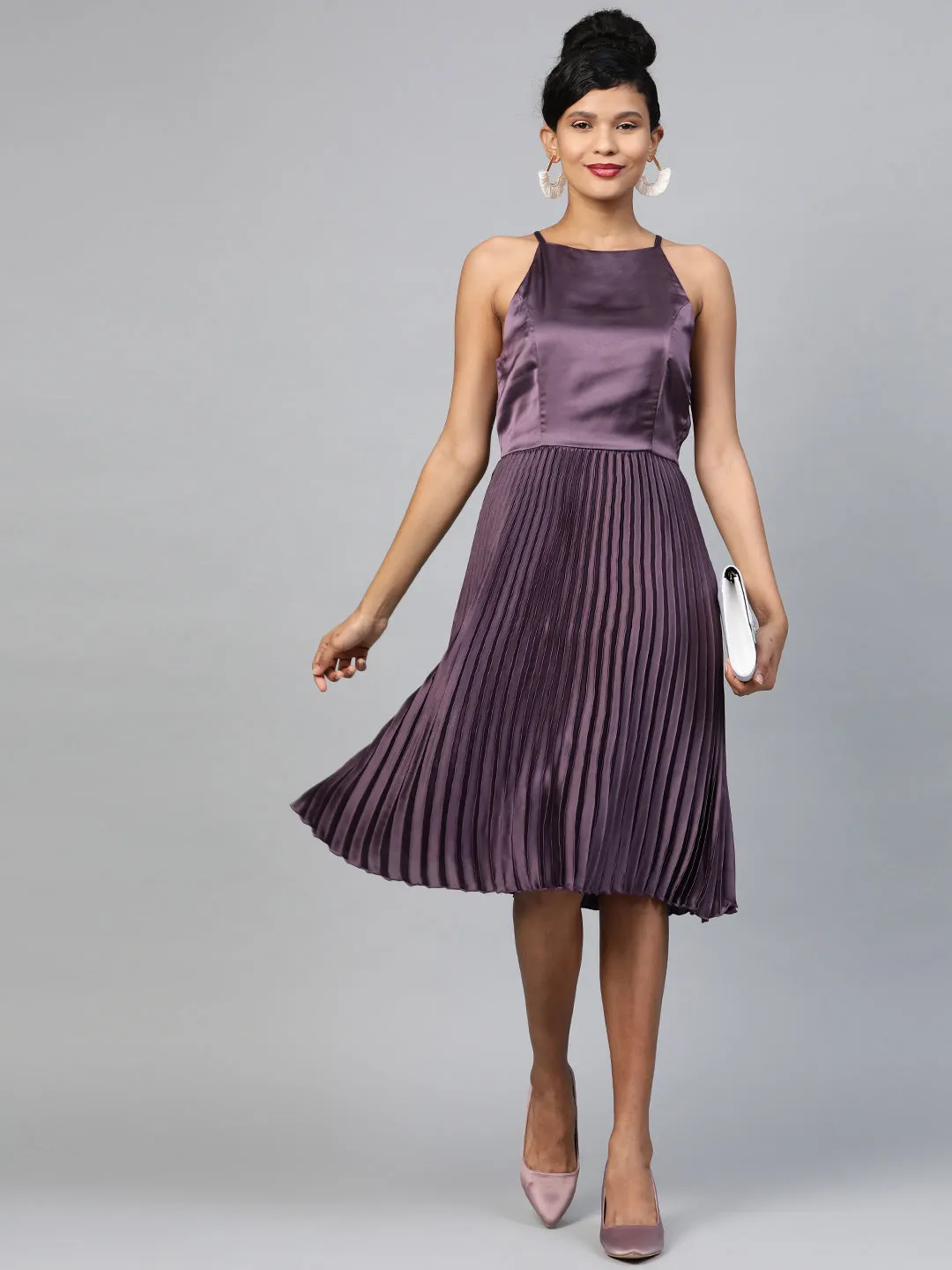 Purple Halter Neck Pleated Satin Dress