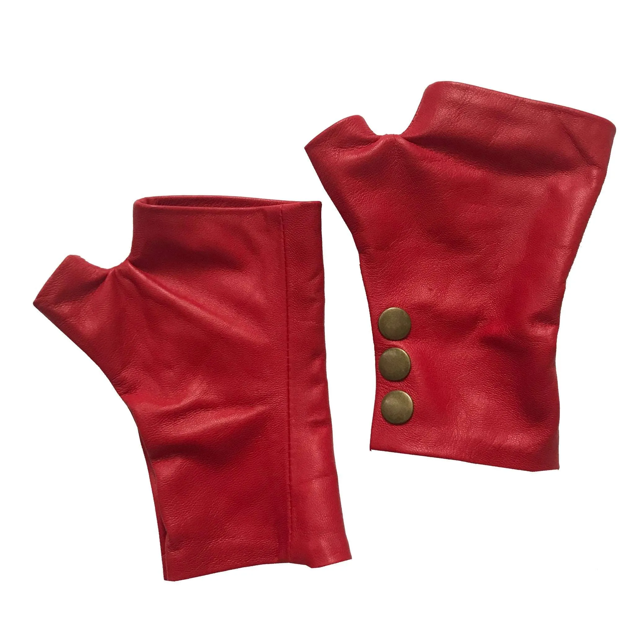 Red Fingerless Leather Gloves Stylish & Cozy Chic with Bronze Snaps