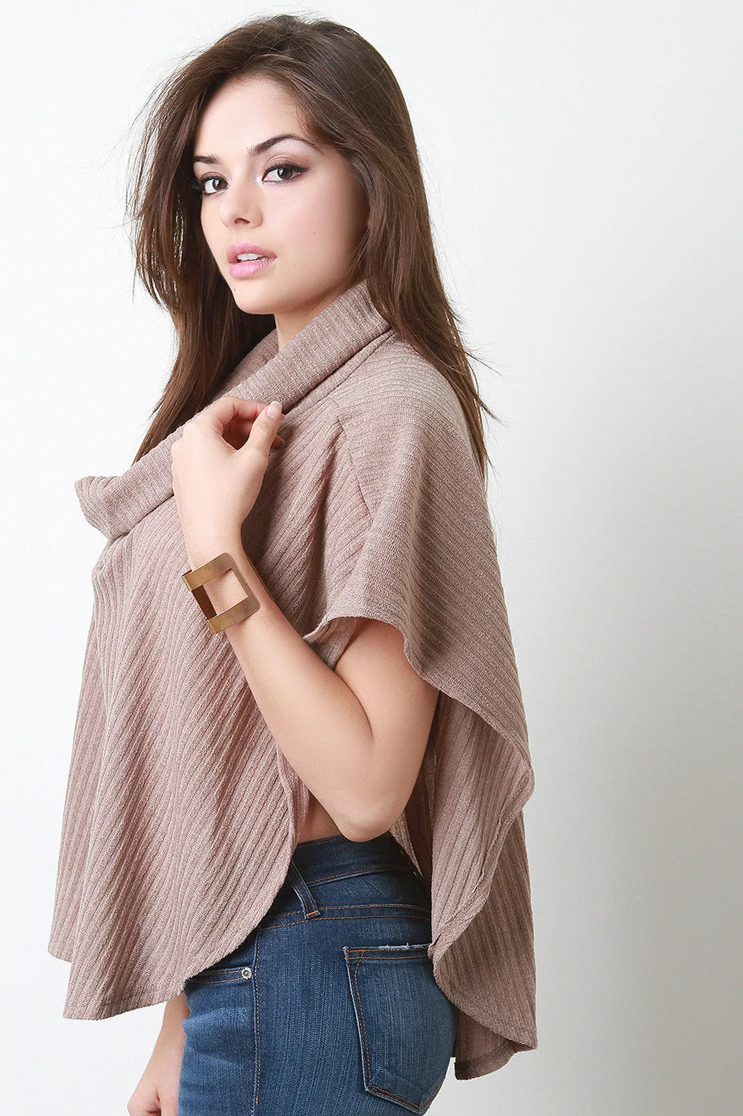 Ribbed Knit Cowl Neck Poncho Top