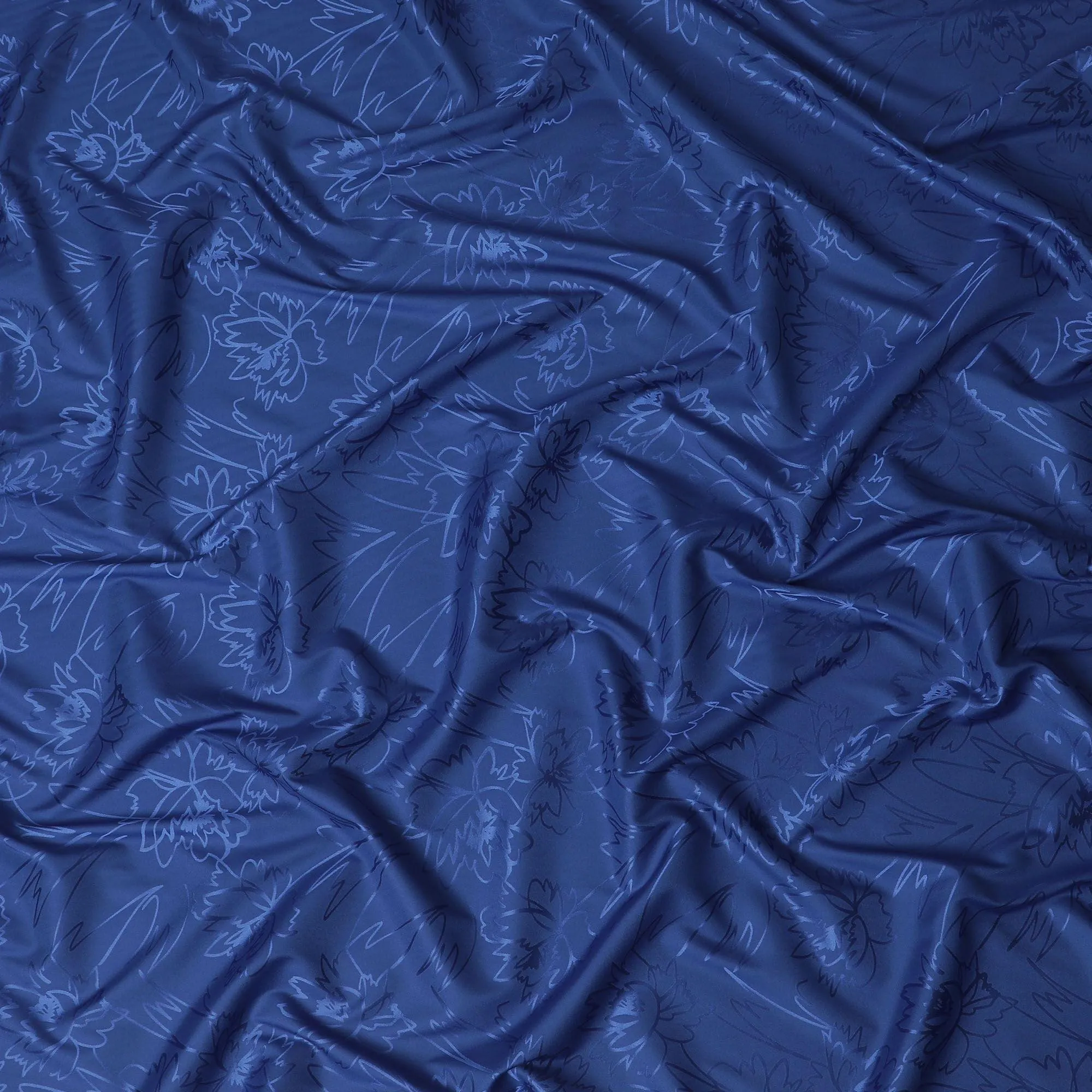 Royal blue synthetic satin fabric with same tone jacquard in floral design-D15375