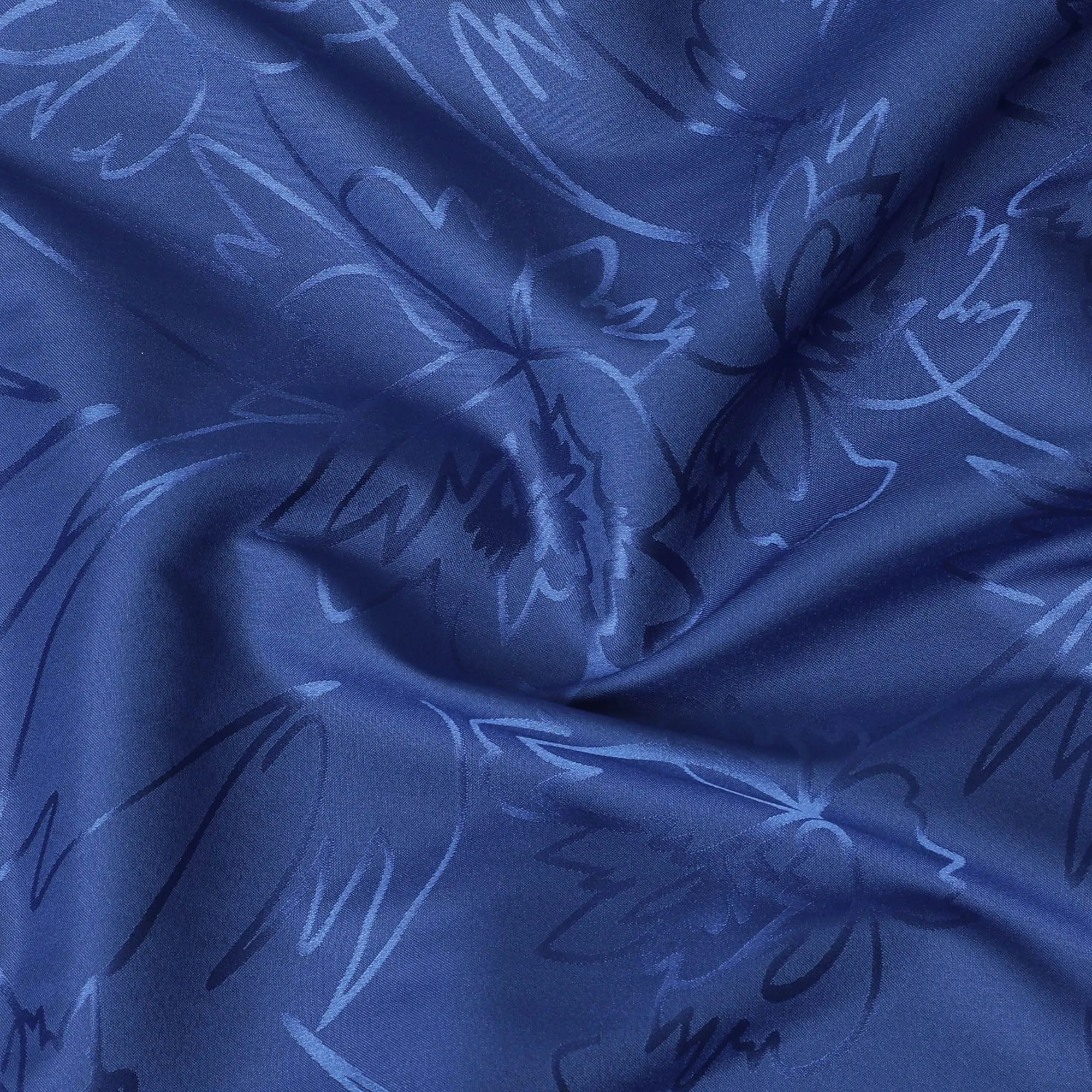 Royal blue synthetic satin fabric with same tone jacquard in floral design-D15375