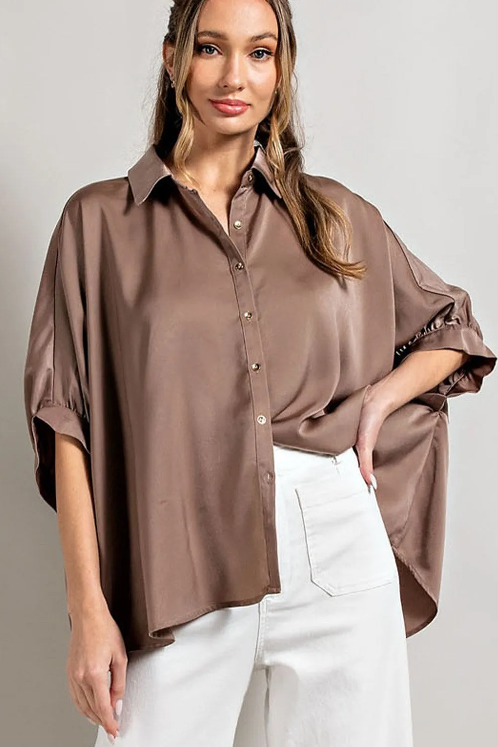 Satin fabric short sleeve button down top