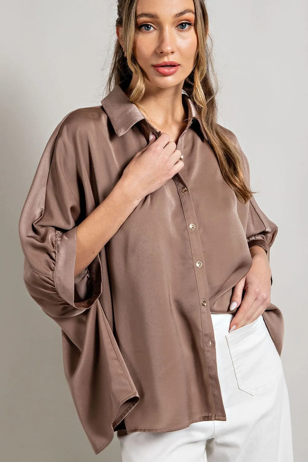 Satin fabric short sleeve button down top