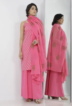 Set of 3: Gul Pink Buti Hand-Block Printed Cotton Slip with Plain Flared Palazzo and Floral Hand-Block Printed Kota Dupatta