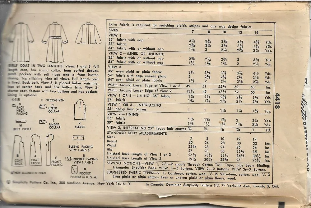 Simplicity 4418 Girls Full Length Coat Vintage Sewing Pattern 1950s