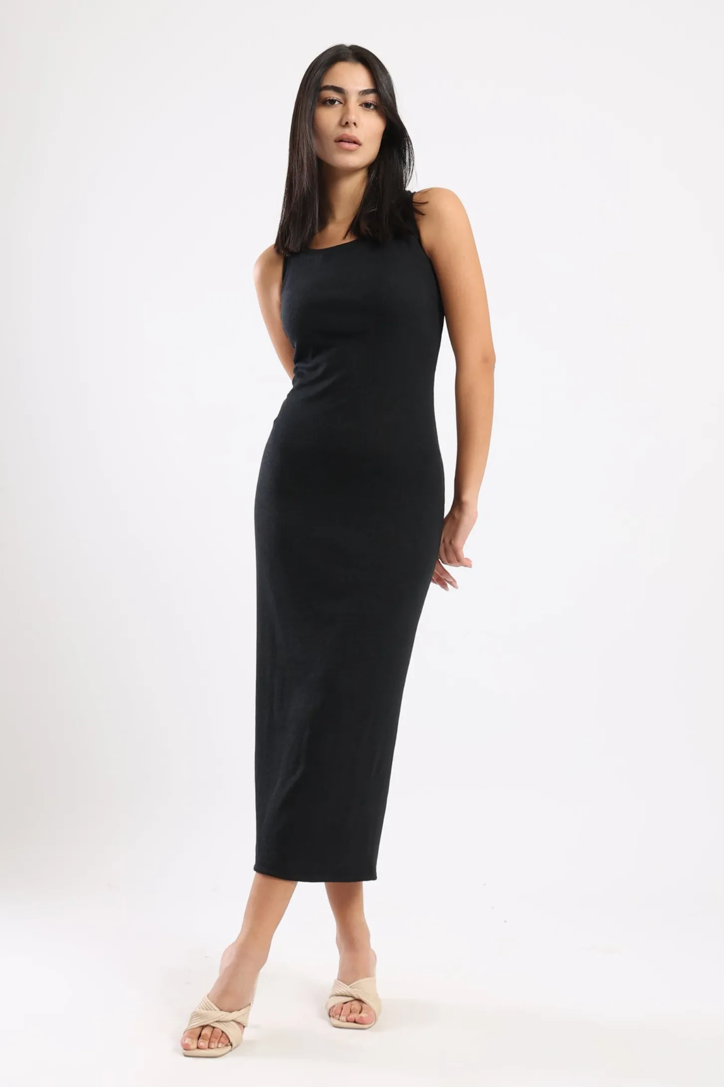 SLEEVELESS RIB KNIT DRESS - BLACK