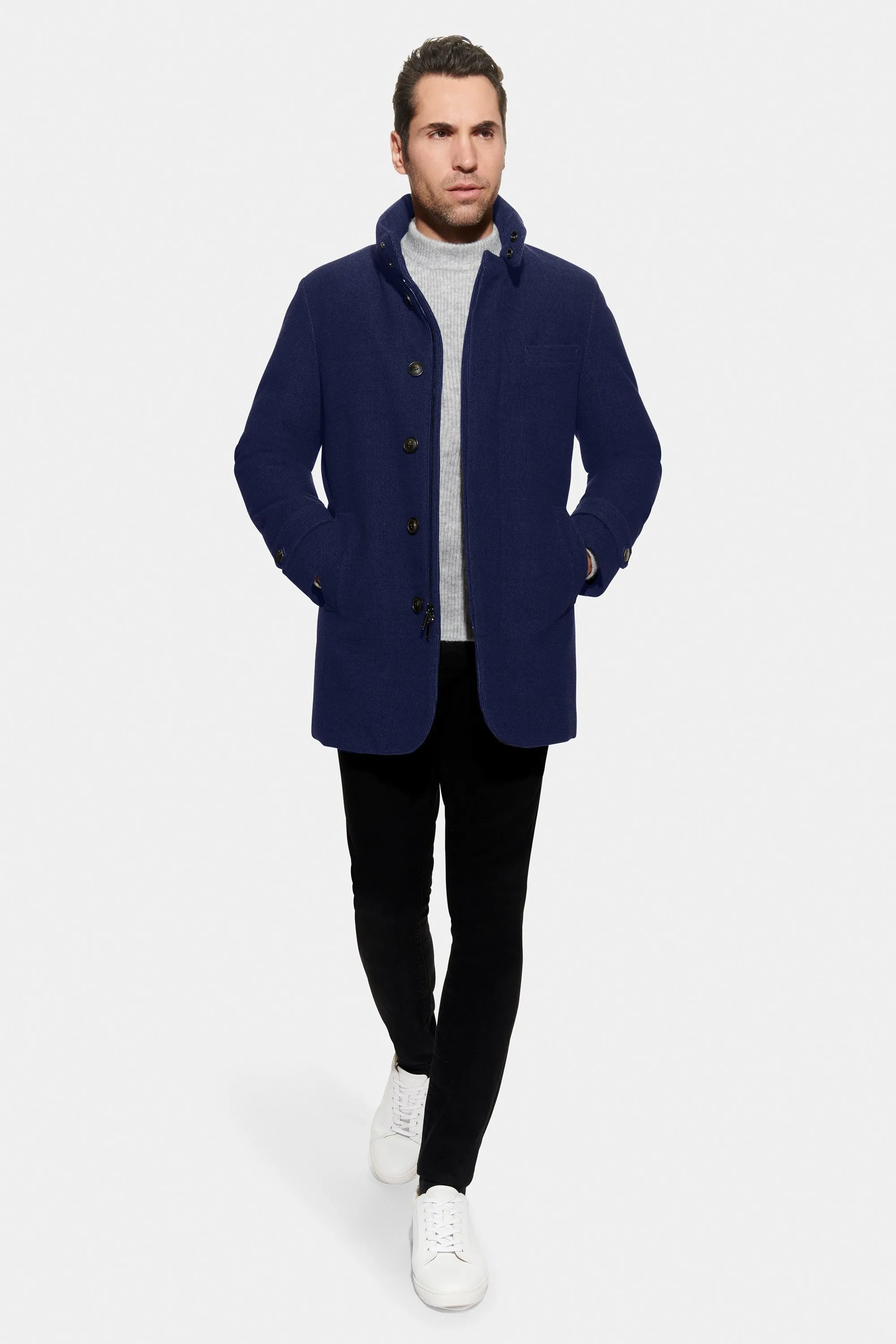 Soft Wool Textured Hooded Car Coat, Navy