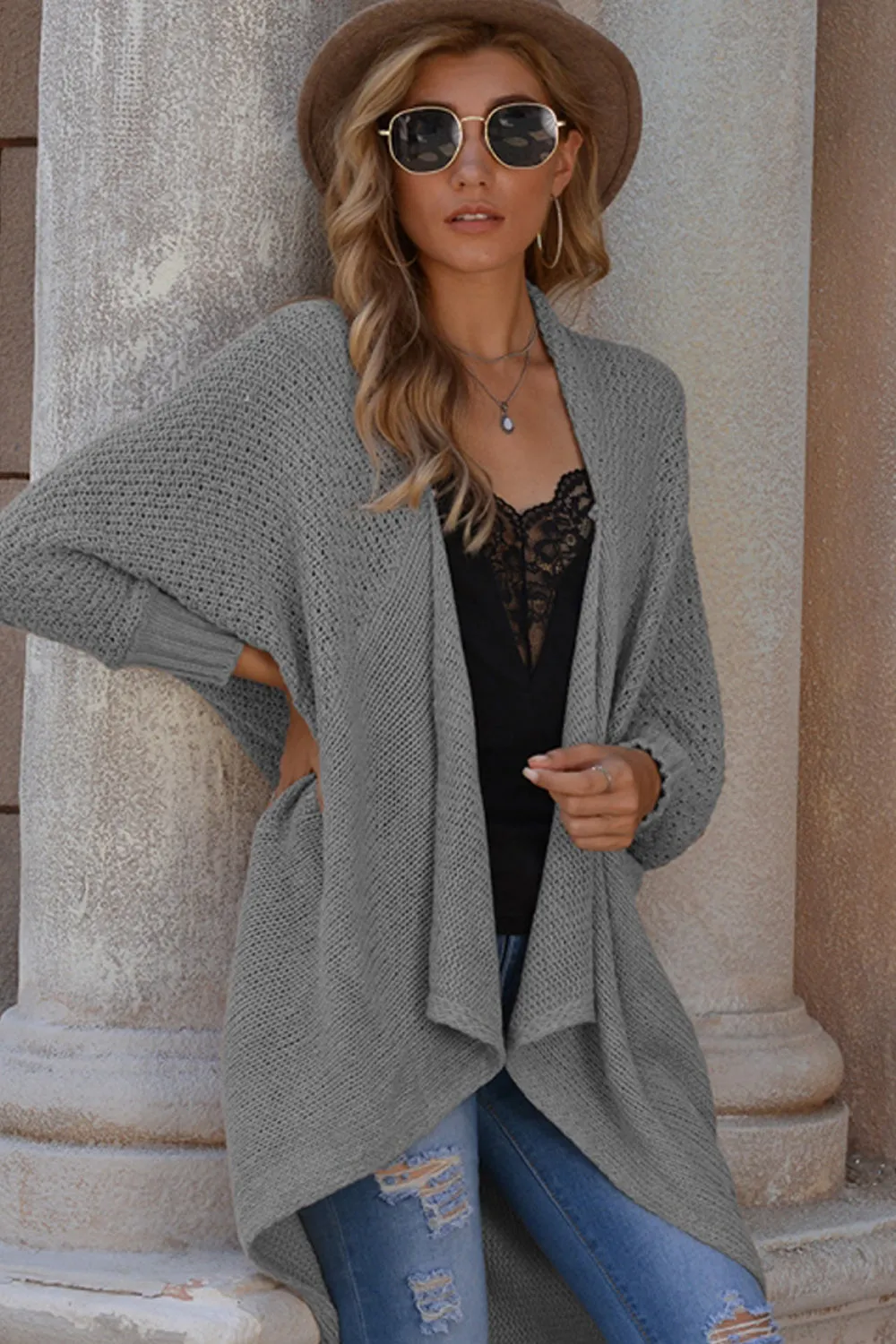 Solid Color Bat Sleeve Cardigan Knit Sweater