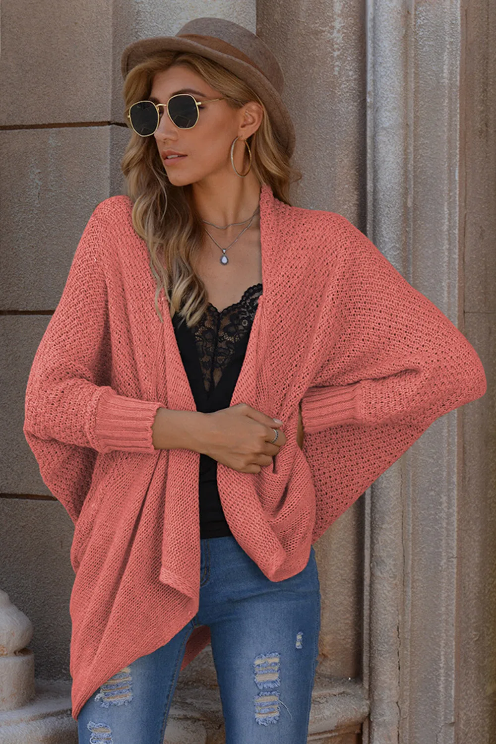 Solid Color Bat Sleeve Cardigan Knit Sweater