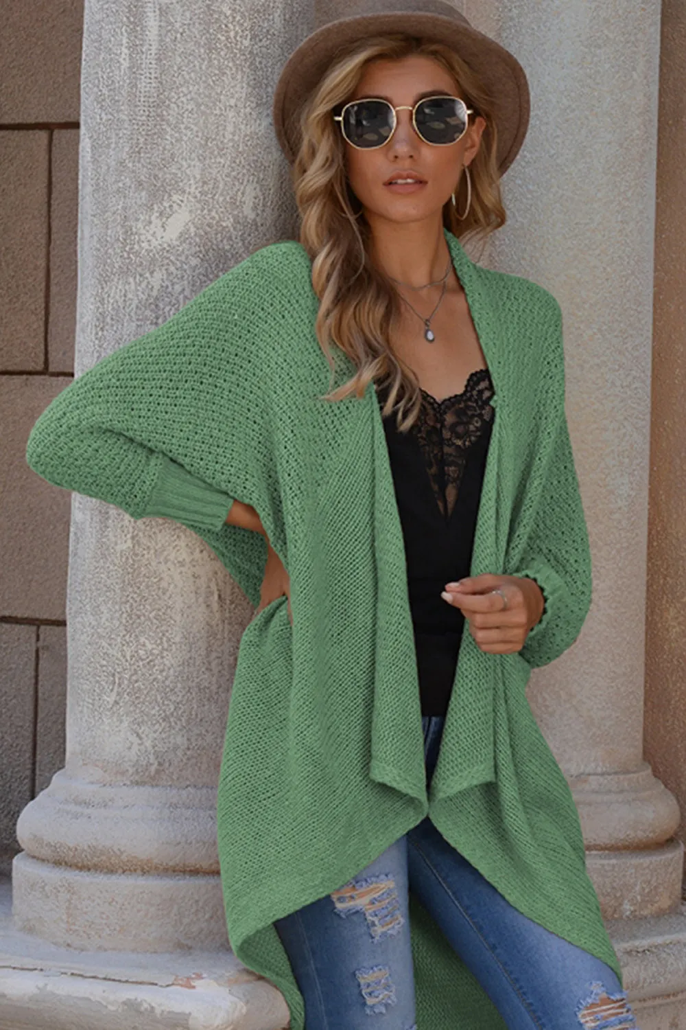 Solid Color Bat Sleeve Cardigan Knit Sweater