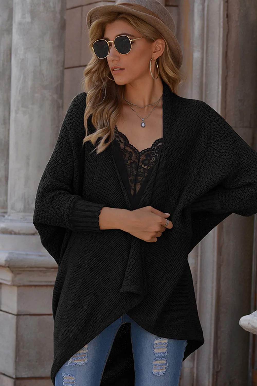 Solid Color Bat Sleeve Cardigan Knit Sweater