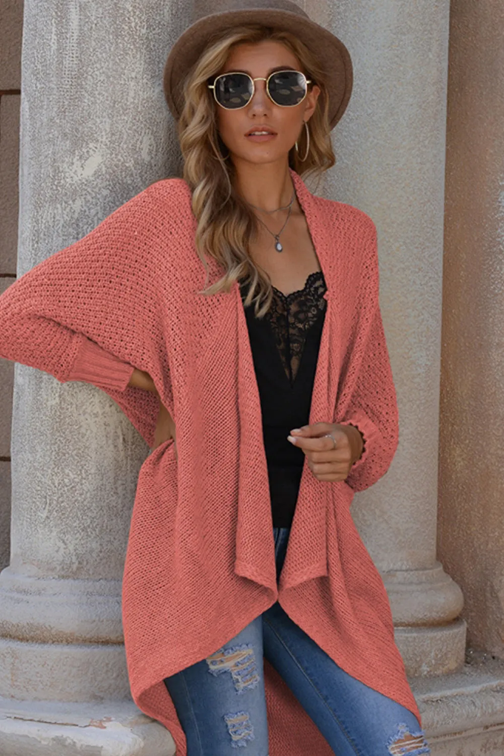 Solid Color Bat Sleeve Cardigan Knit Sweater