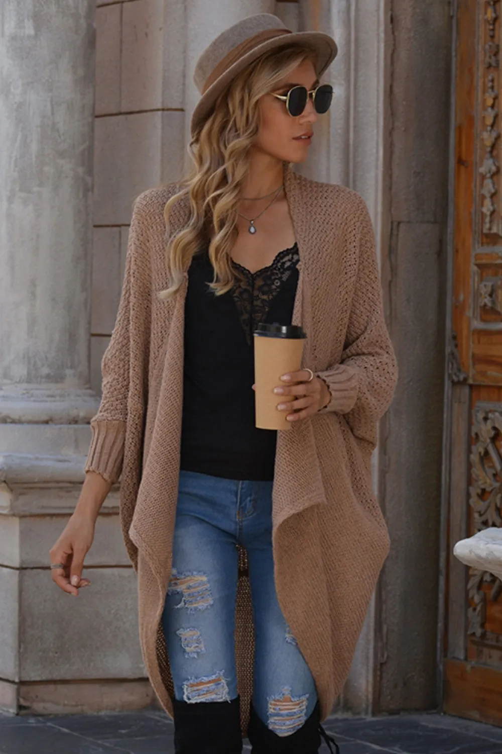 Solid Color Bat Sleeve Cardigan Knit Sweater