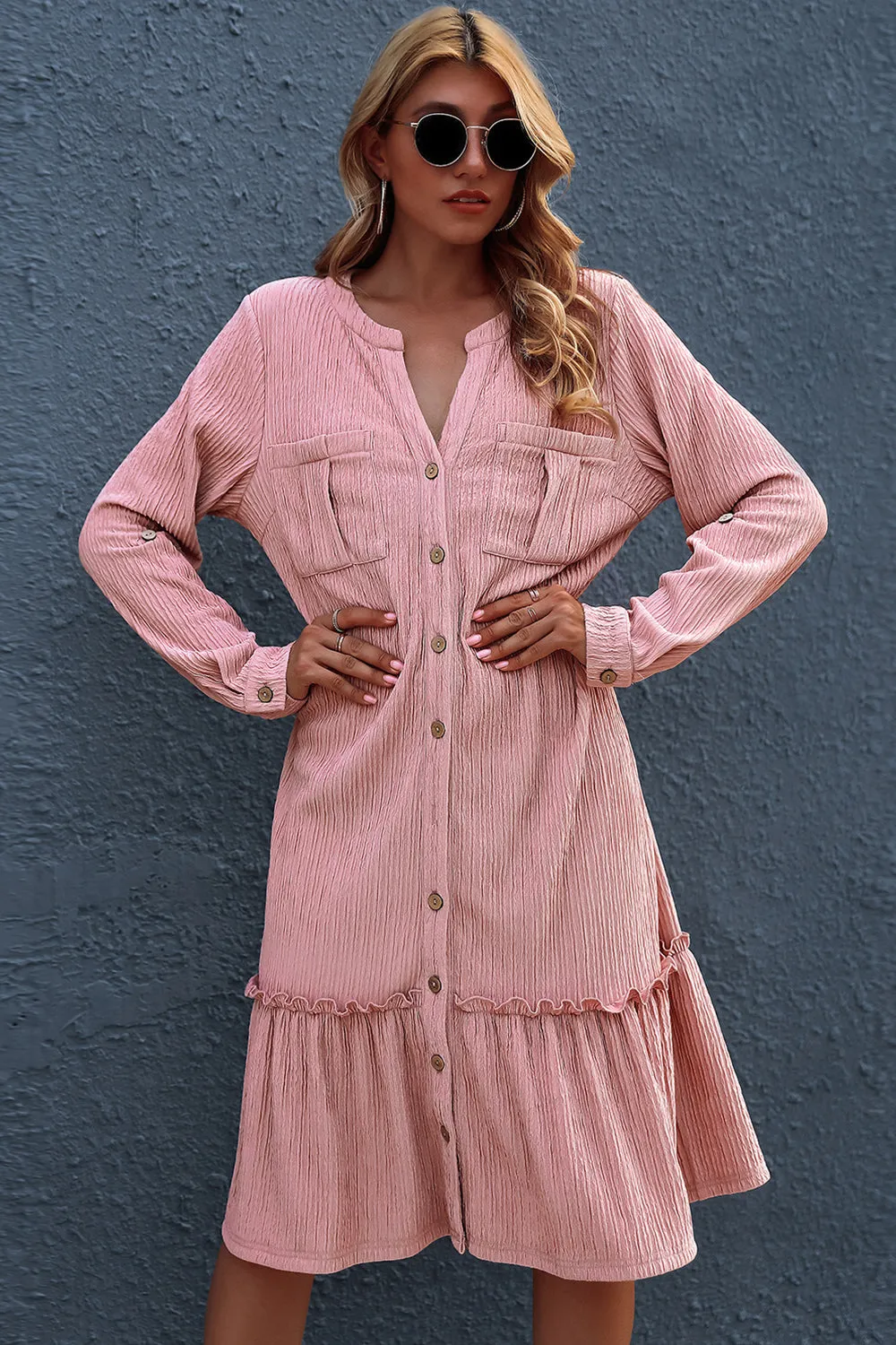 Solid Color Long-Sleeved Cardigan Dress