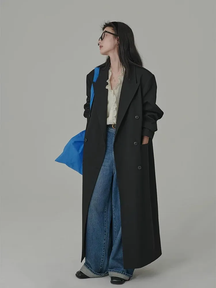 Spring Autumn Extra Long Loose Casual Flowy Black Double Breasted Korean Style Maxi 2024 Stylish Coat