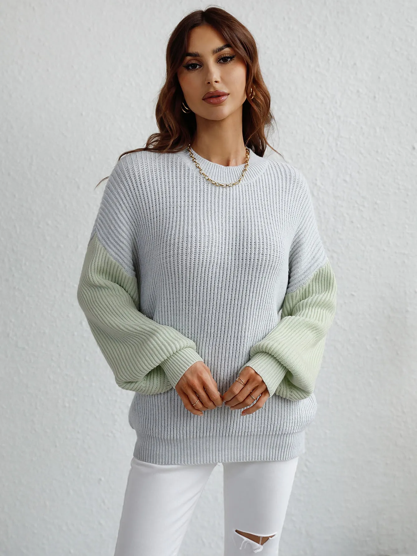 Sun Kissed Two-Tone Rib-Knit Dropped Shoulder Sweater