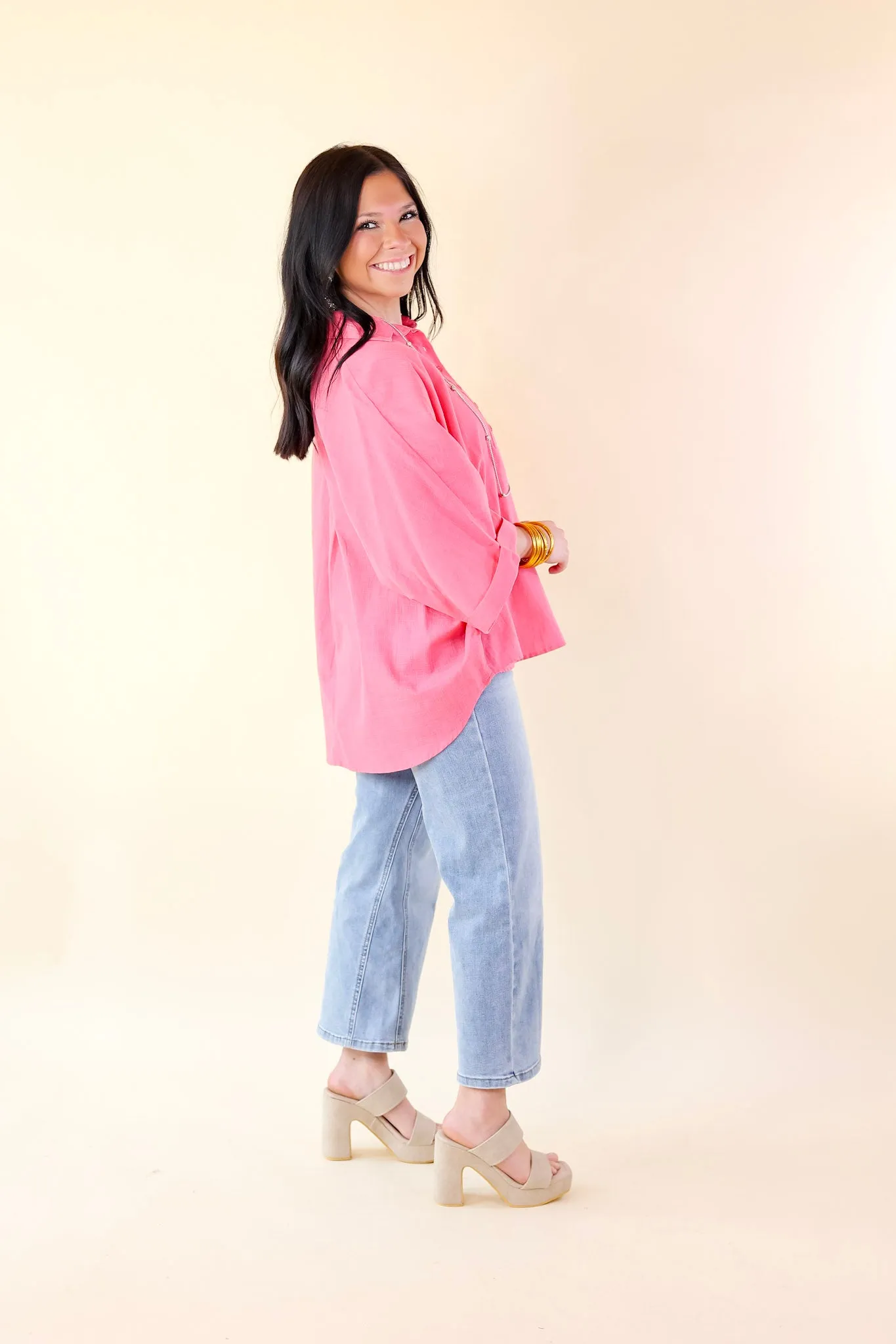 Sweet Surprise Half Button Up Poncho Top with Collared Neckline in Coral Pink