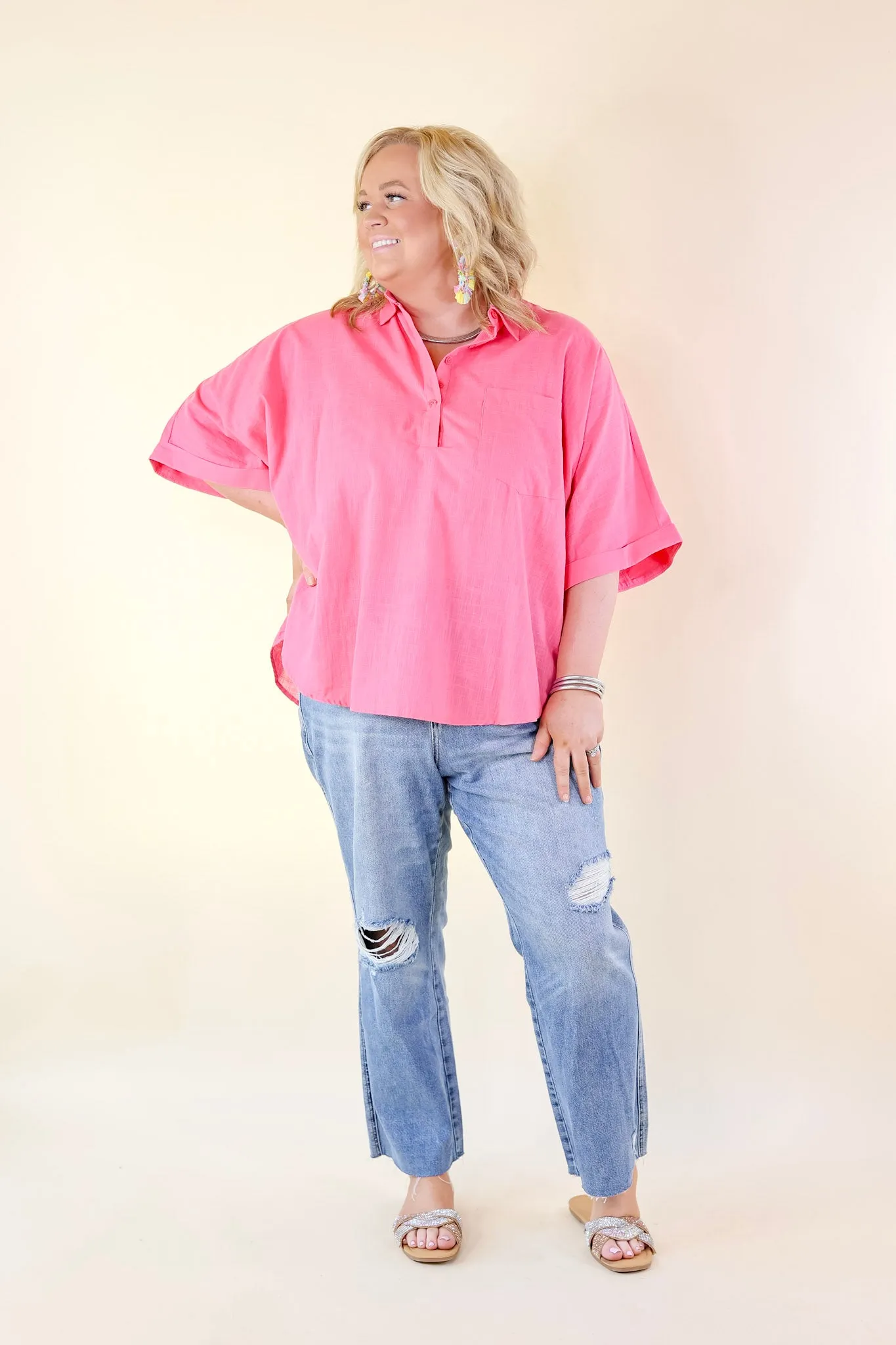 Sweet Surprise Half Button Up Poncho Top with Collared Neckline in Coral Pink