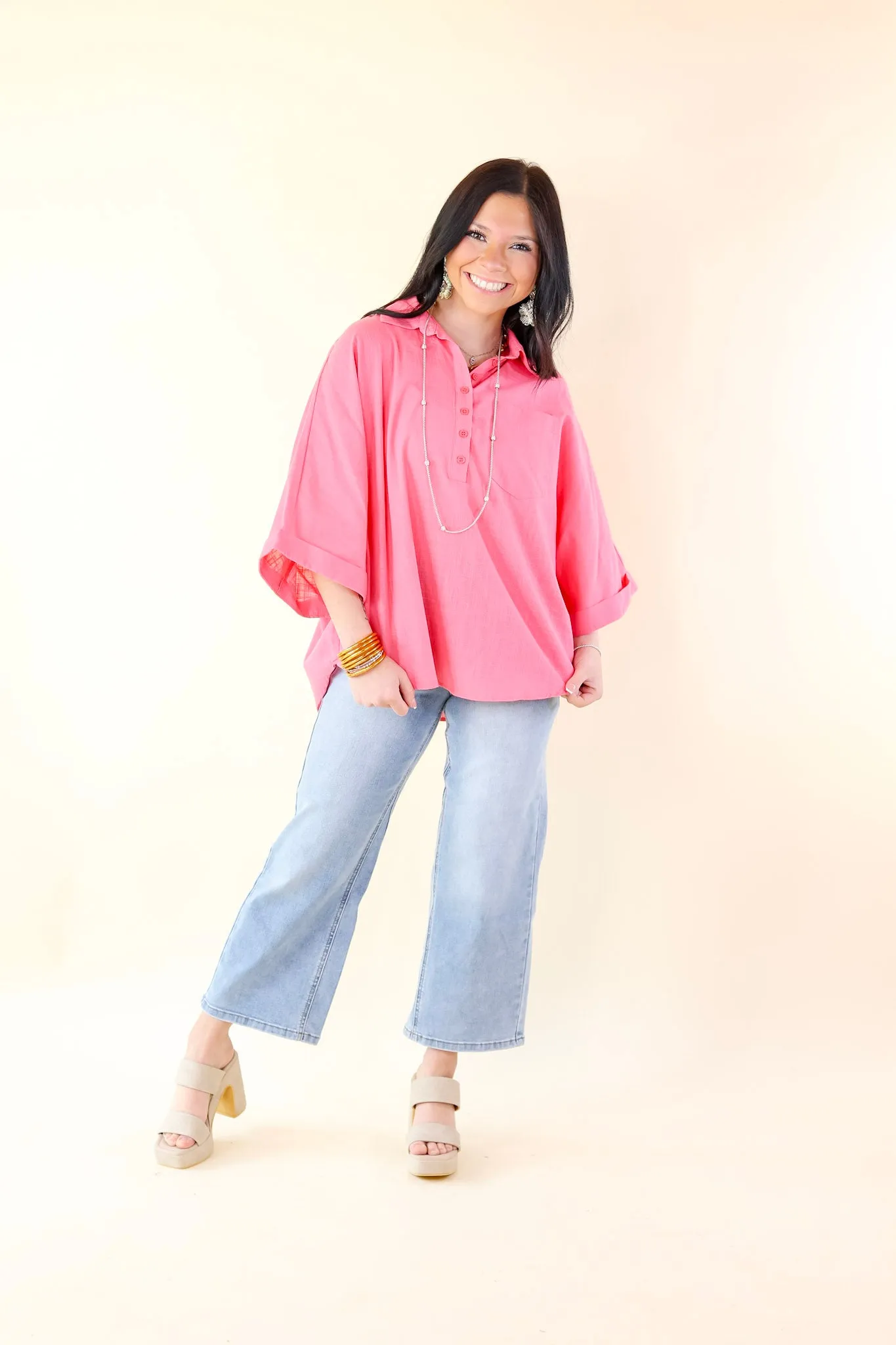 Sweet Surprise Half Button Up Poncho Top with Collared Neckline in Coral Pink