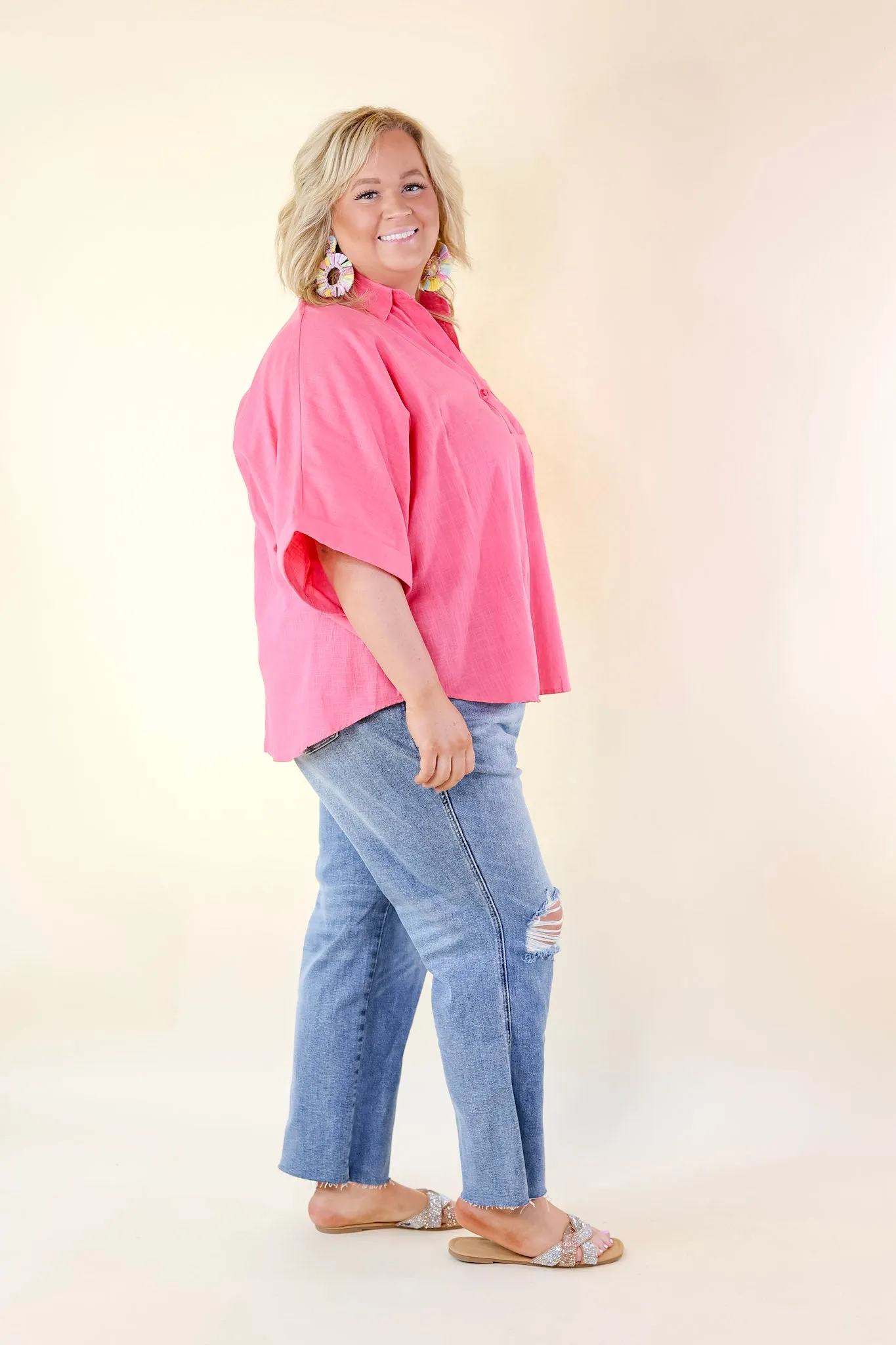 Sweet Surprise Half Button Up Poncho Top with Collared Neckline in Coral Pink