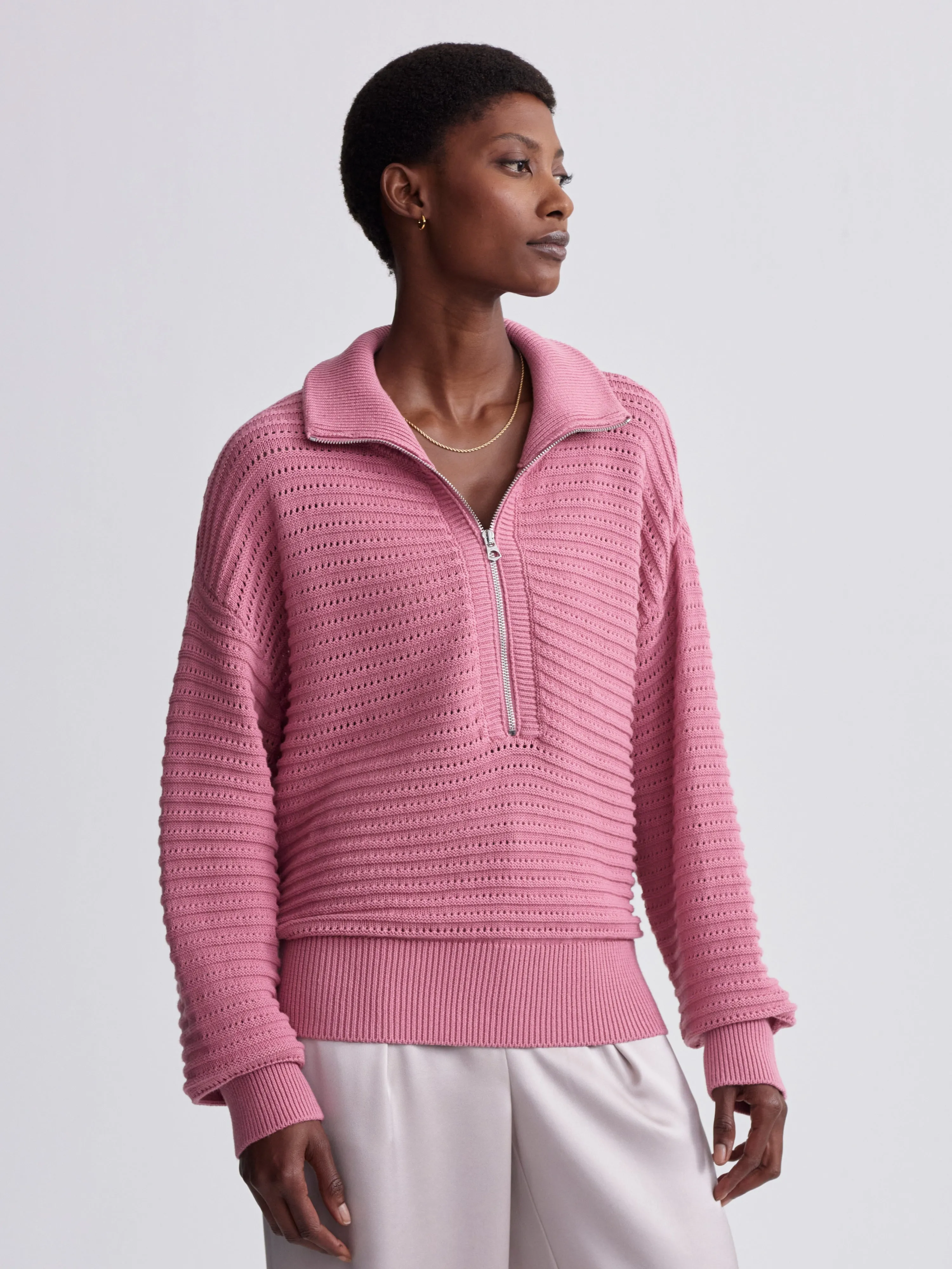 TARA POINTELLE HALF ZIP KNIT SWEATER