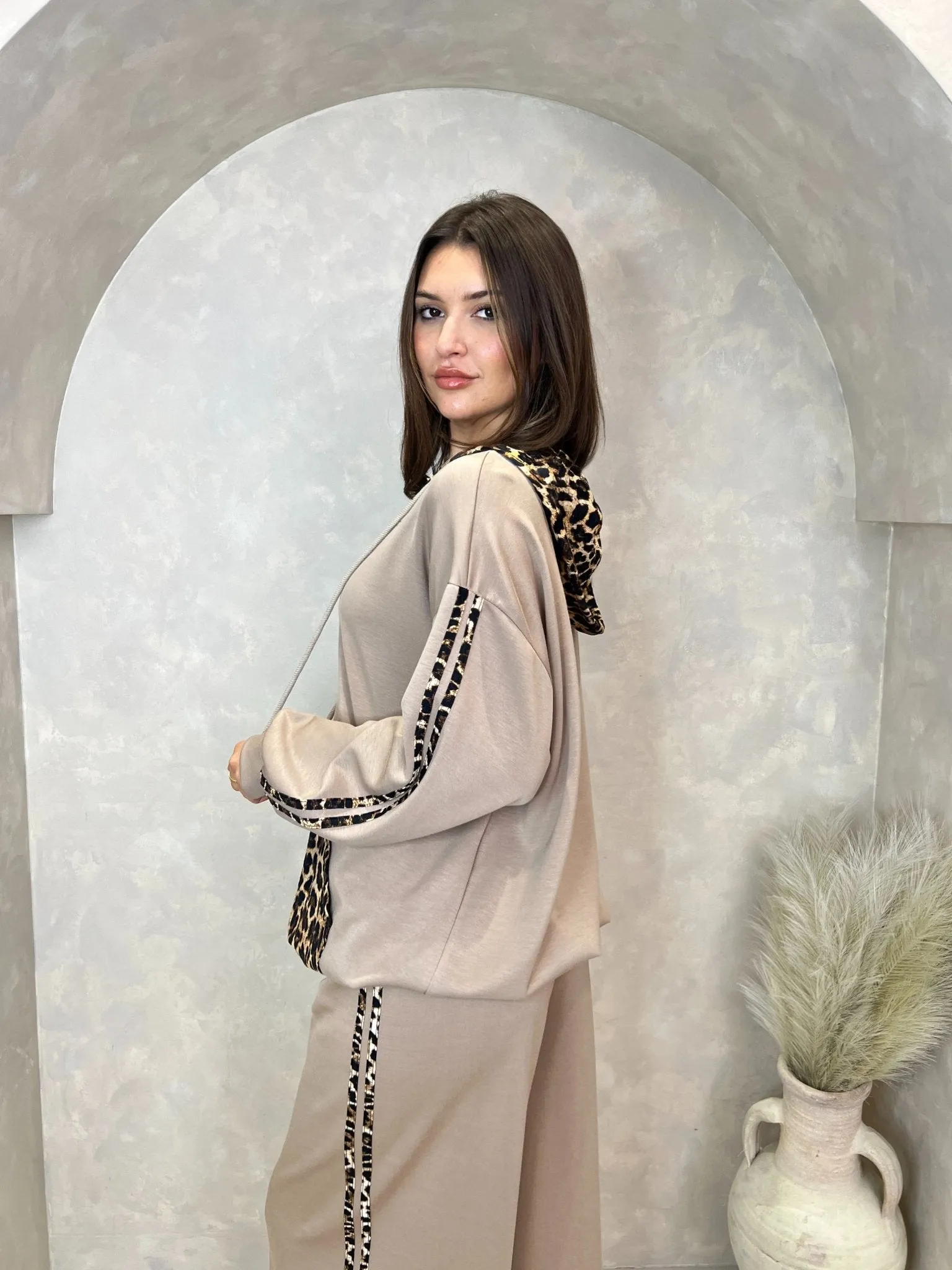 Taupe Leopard Print Long Hoodie