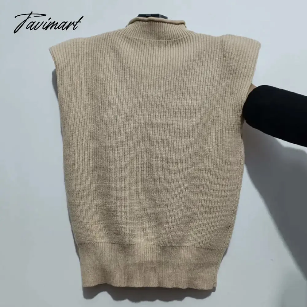 Tavimart Sweater Vest Women Hight Neck Shoulder Pads Sweater Vest Dames Knitted Jumper Autumn Winter Korean Pullover Loose Tops