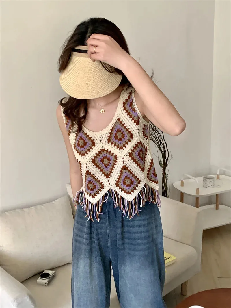 TAVIMART  -  Sweet Hot Girl Retro Hook Flower Hollowed Out Tassel Vest Women's Summer Ethnic Style Strap Knitted Top Fashion Female Clothes