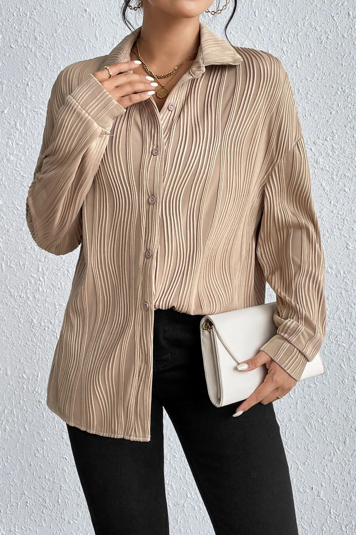 Turn-down collar button-down textured shirt