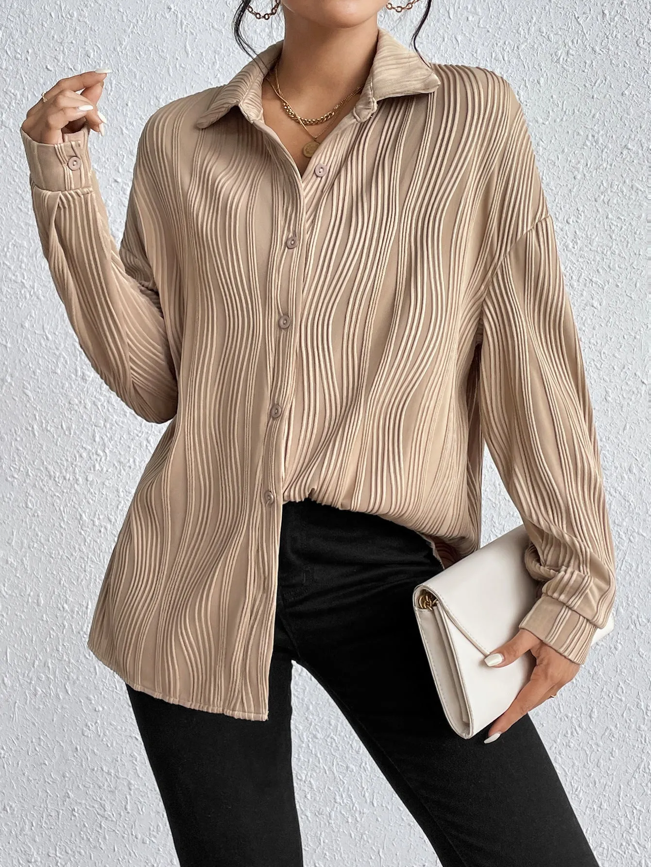 Turn-down collar button-down textured shirt