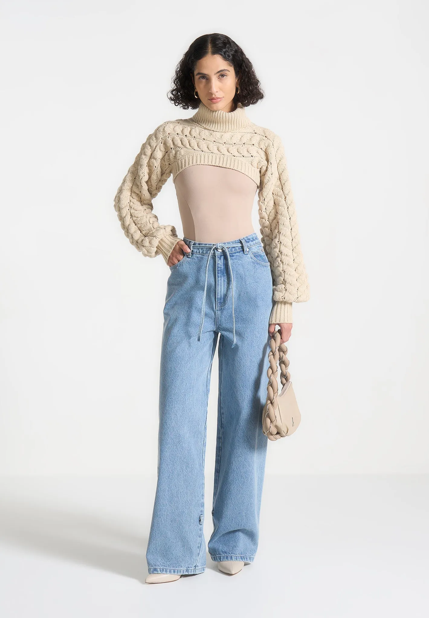 Turtleneck Cable Knit Arm Warmers - Beige