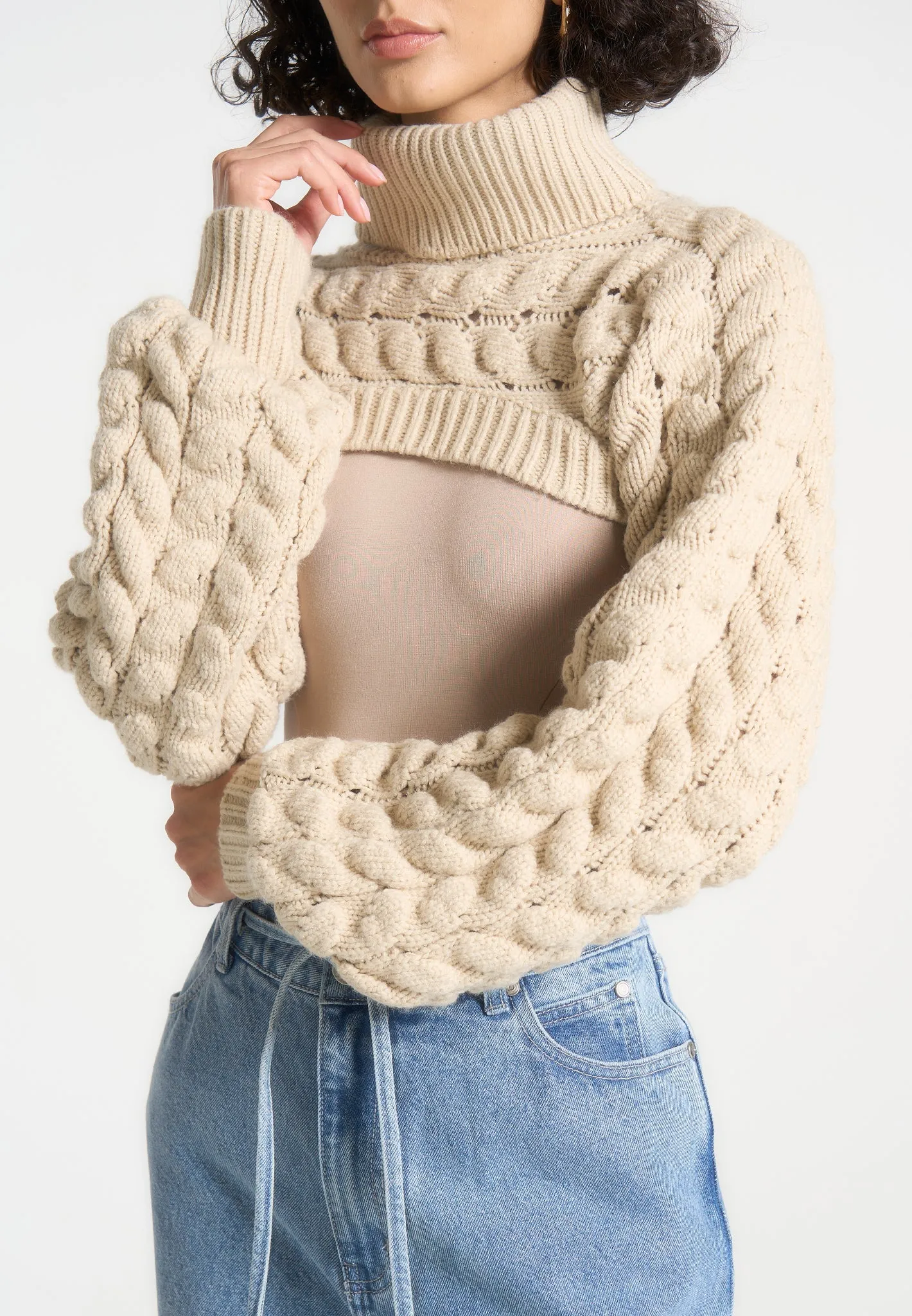 Turtleneck Cable Knit Arm Warmers - Beige