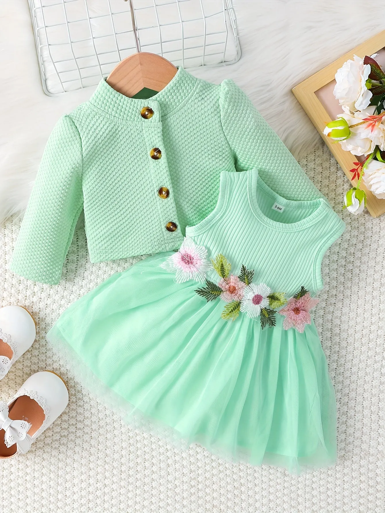 Two-Piece Set: Puff Skirt Dress and Long-Sleeve Buttoned Coat