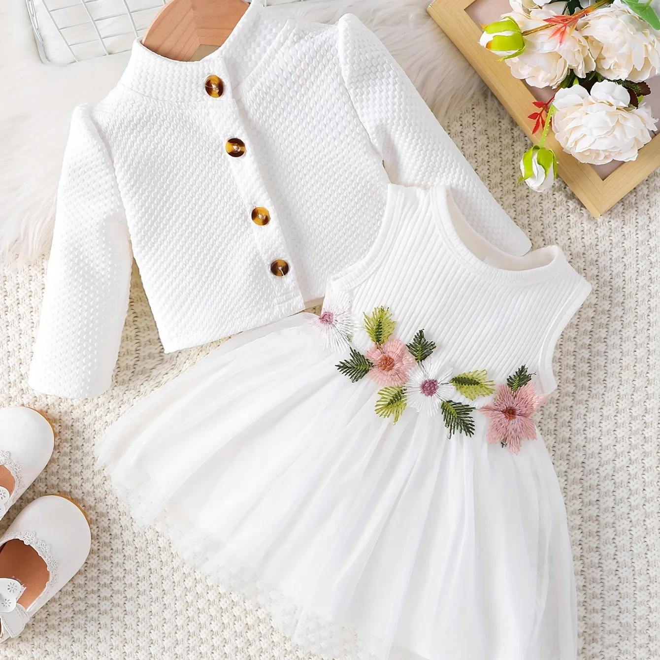 Two-Piece Set: Puff Skirt Dress and Long-Sleeve Buttoned Coat