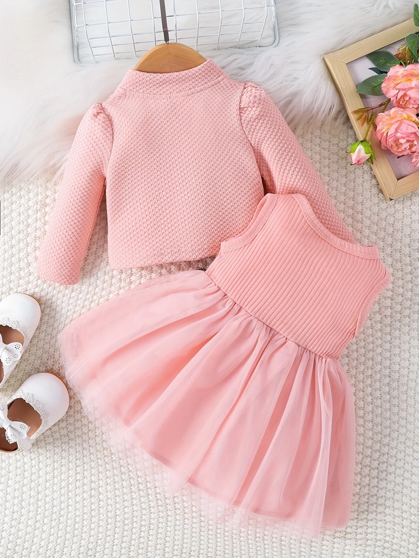 Two-Piece Set: Puff Skirt Dress and Long-Sleeve Buttoned Coat