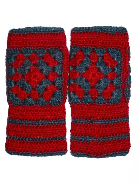 Unique and Beautiful Woollen Floral Design with Red And Grey combi Handmade Fingerless Gloves