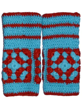 Unique and Beautiful Woollen Floral Design with Sky Blue And Red Handmade Fingerless Gloves