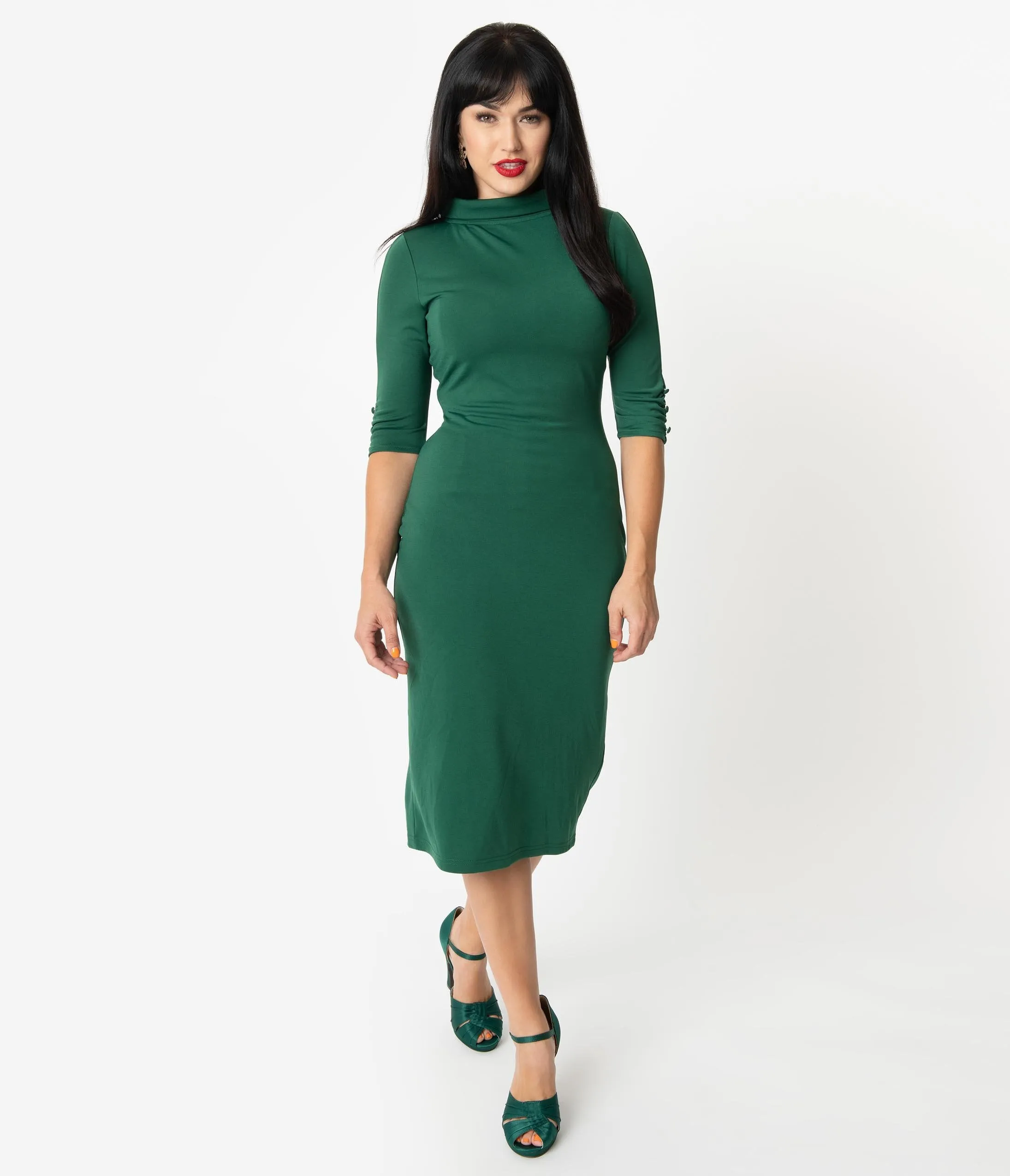 Unique Vintage 1960s Retro Green Half Sleeve Cassidy Wiggle Dress