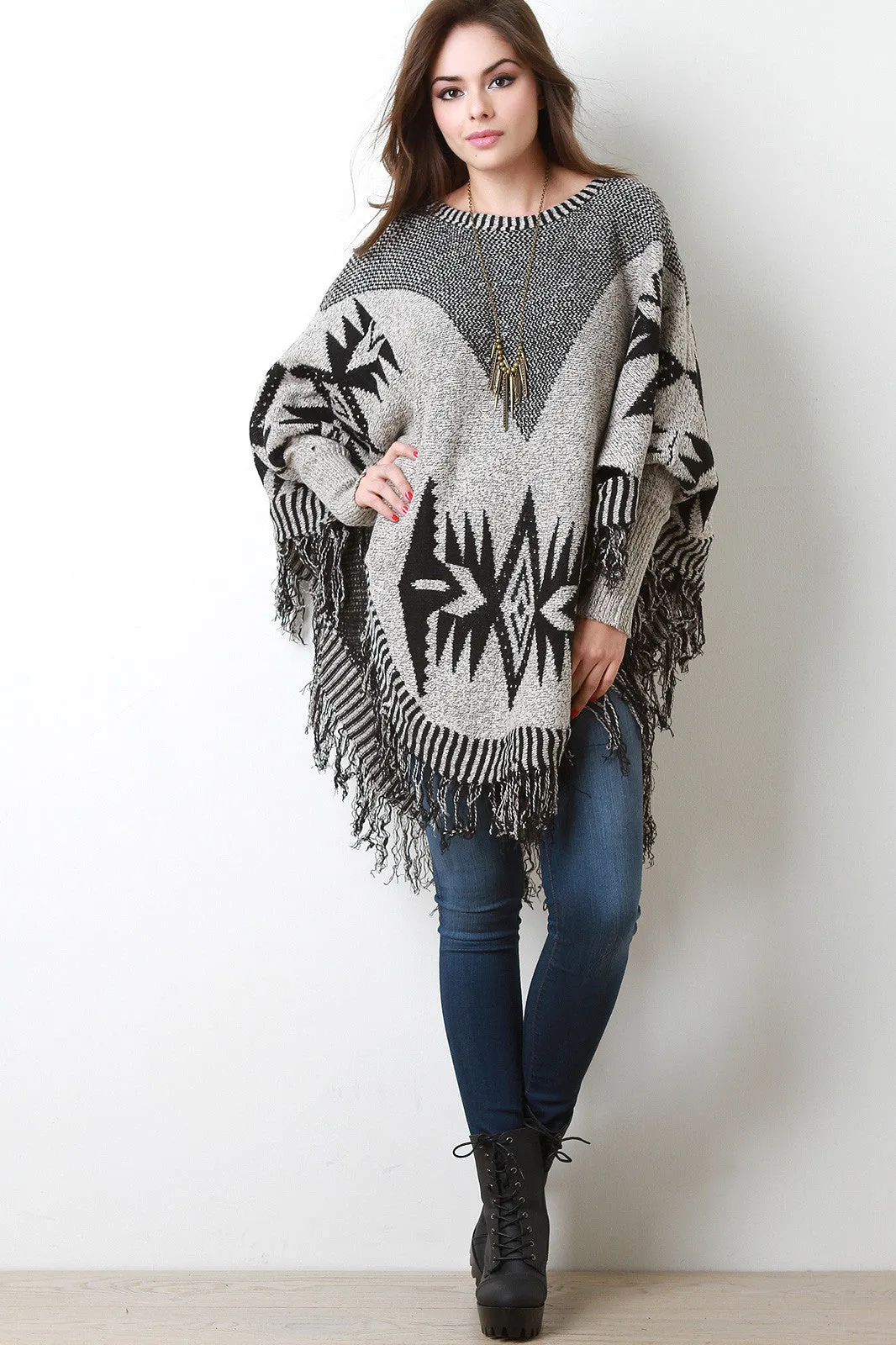 V-Yoke Tribal Dolman Sleeve Poncho Sweater