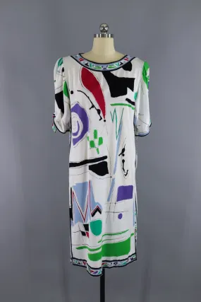 Vintage 1980s Leonard Paris Designer Dress / White Abstract Print Knit