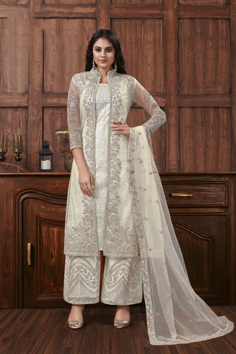 White Color Embroidered Jacket Style Palazzo Suit