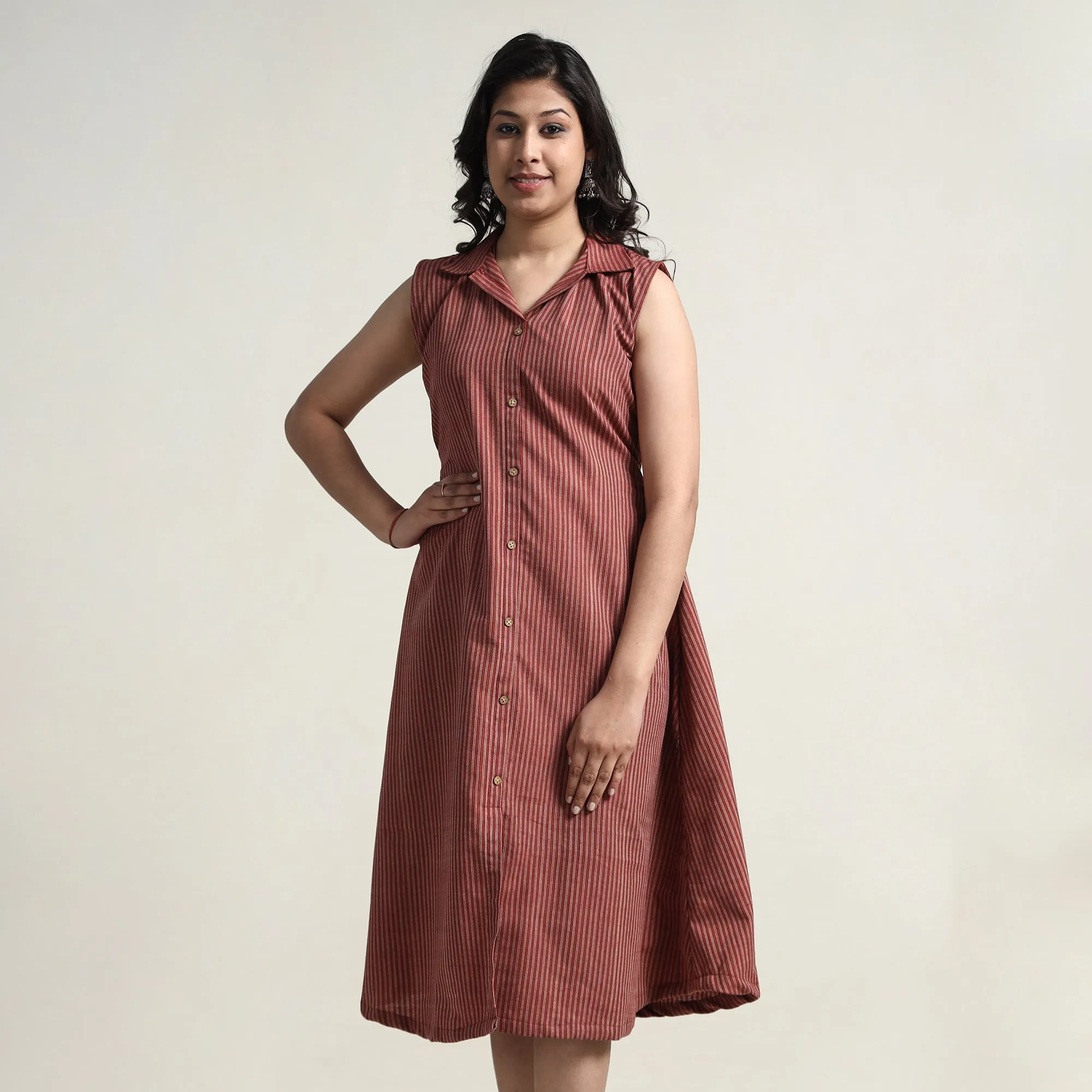 Wine Red - Plain Handloom Cotton Collared Neck Buttoned Down Dress