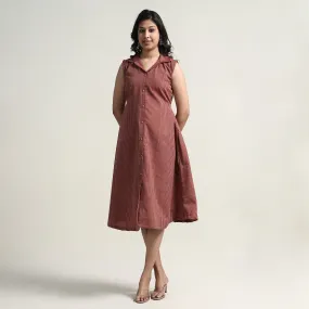 Wine Red - Plain Handloom Cotton Collared Neck Buttoned Down Dress