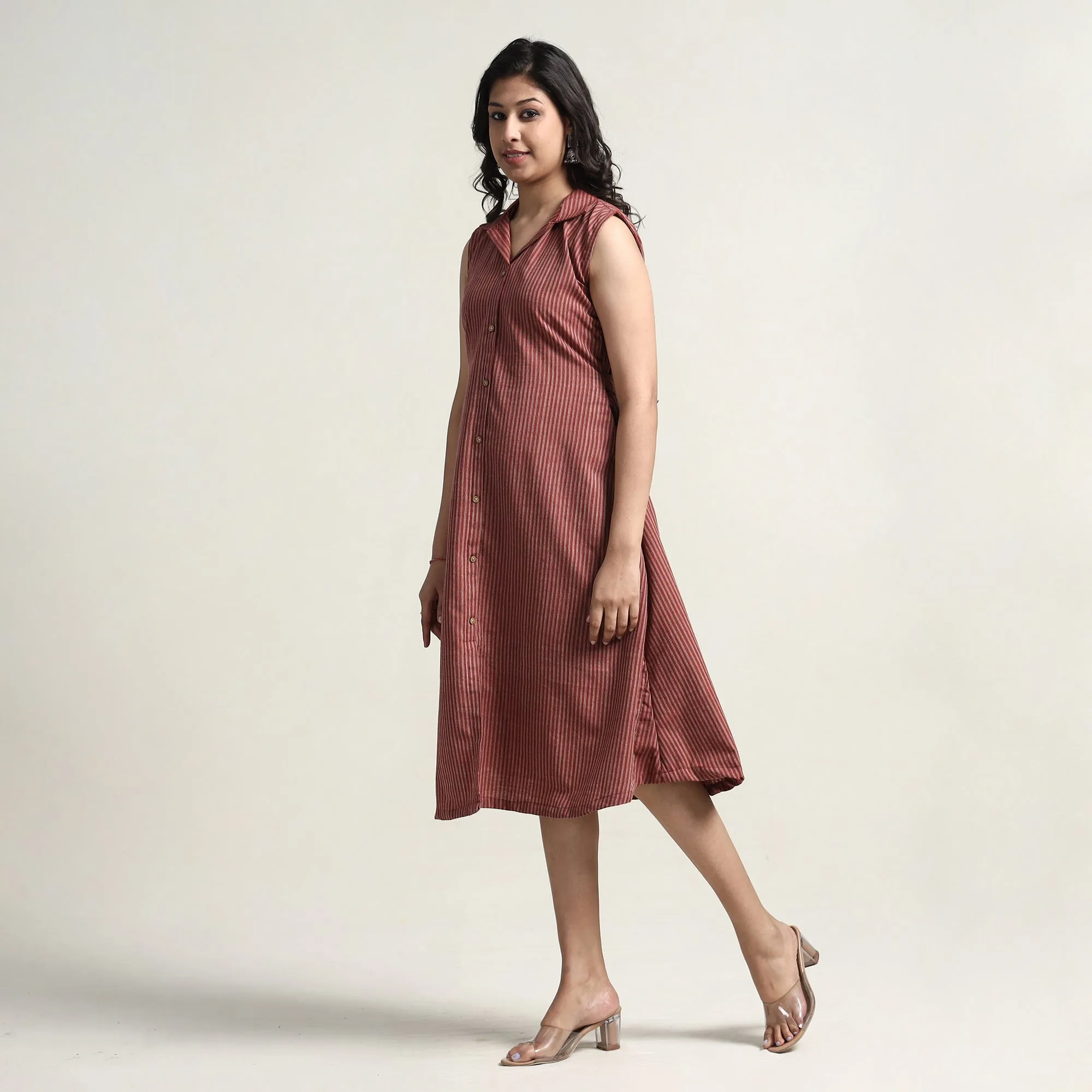 Wine Red - Plain Handloom Cotton Collared Neck Buttoned Down Dress