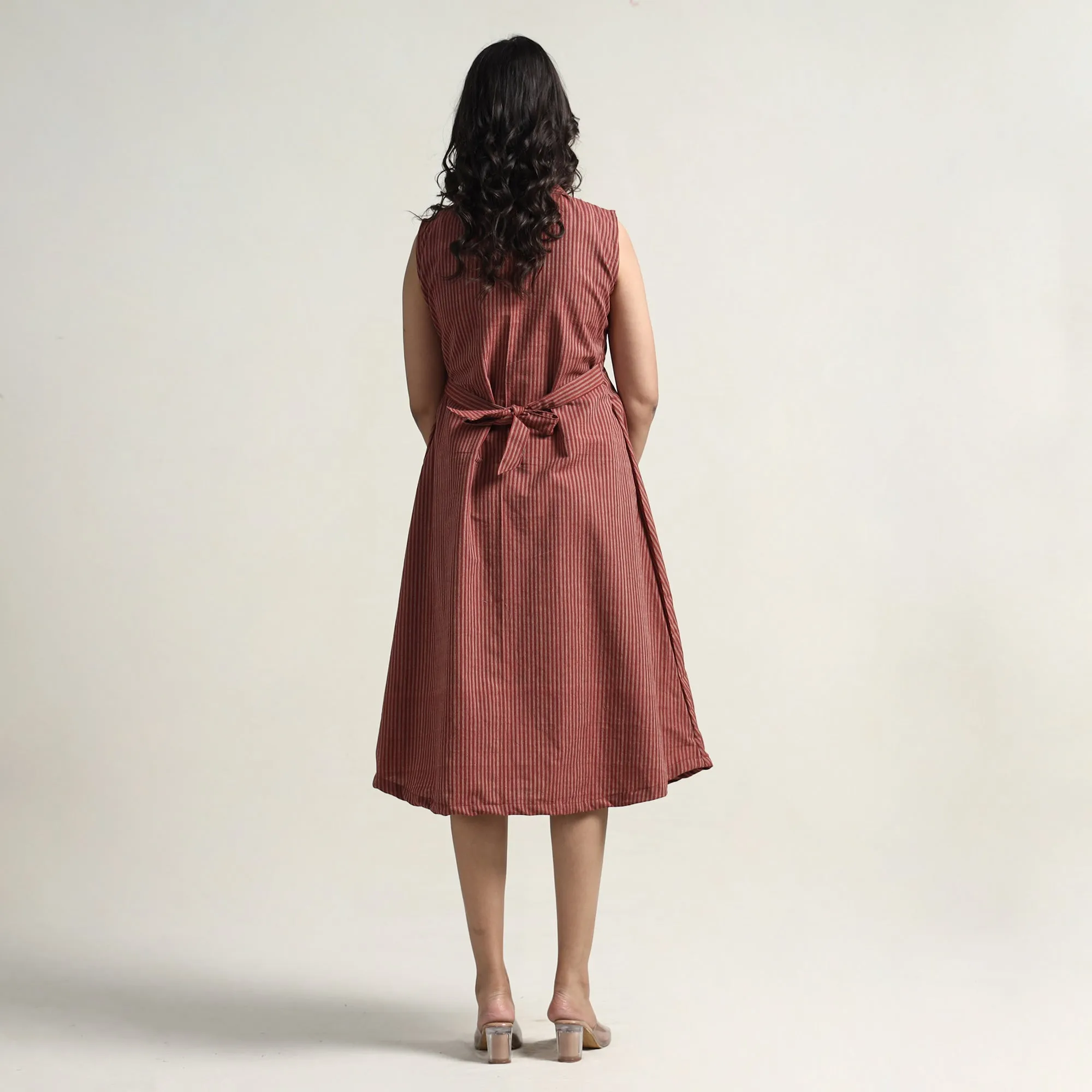 Wine Red - Plain Handloom Cotton Collared Neck Buttoned Down Dress