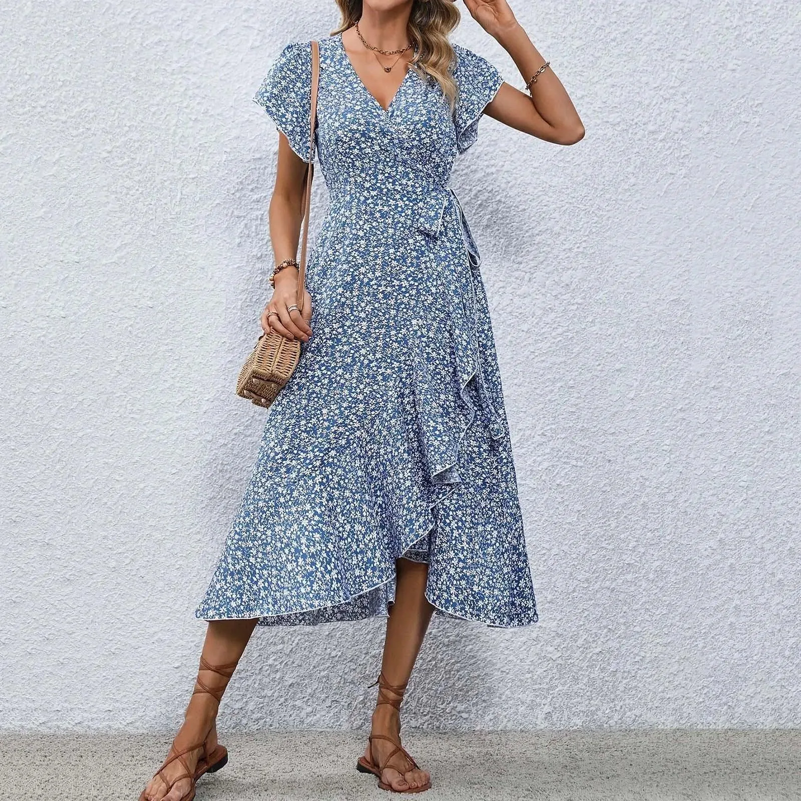 Women's Flowy Split Midi Floral Wrap Dress Summer Irregular High Waist Boho Long Dress A-Line V-Neck Holiday Beach Sundress